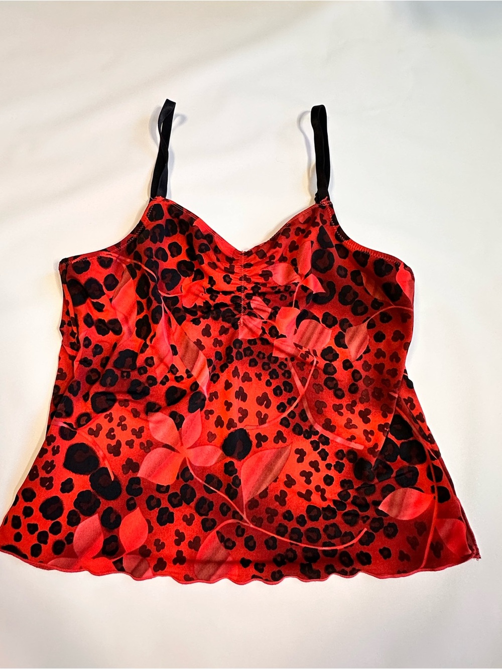Red Leopard Print Satin Cami with Black Straps